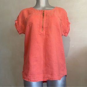 Linen Blouse Coastal Grandma Hanley Zipper Short Sleeve Coral Loose Fit Bohemian